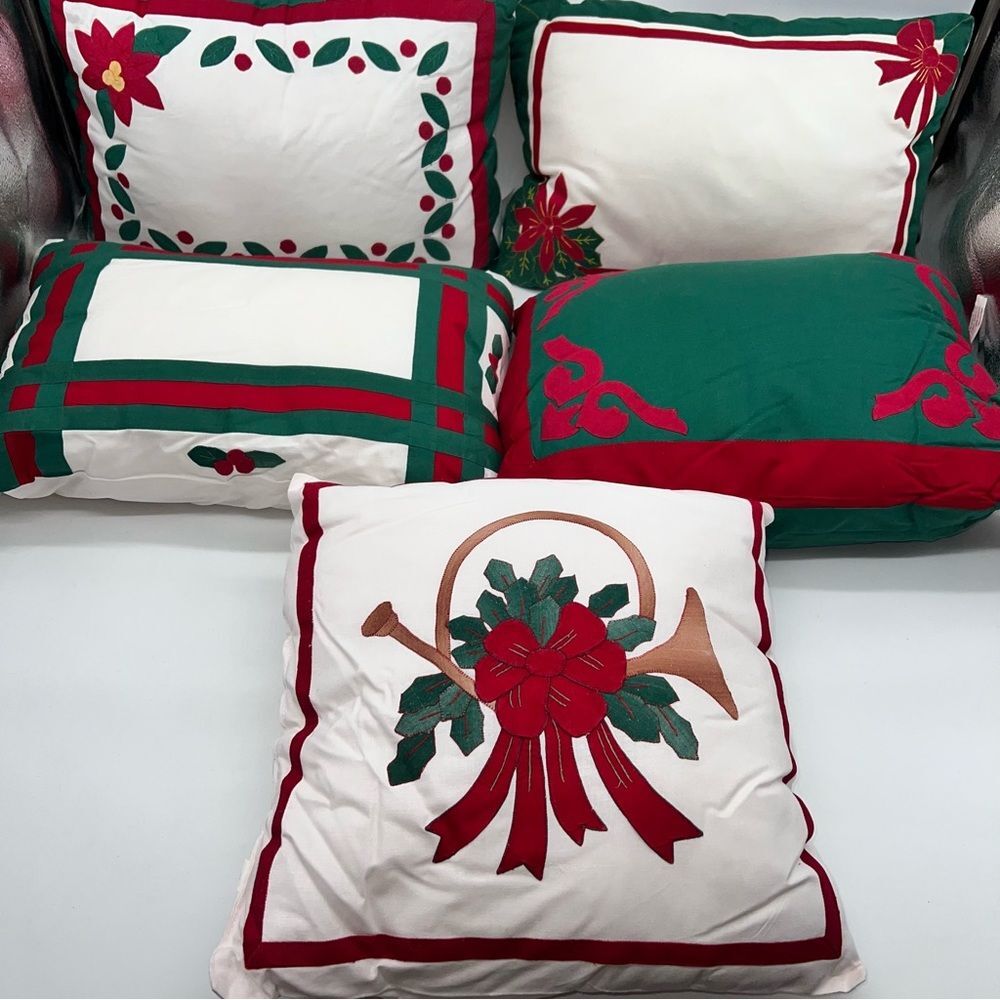 5 Keeco 100% Cotton Christmas Pillows in Red/White/Green w/Coordinated Patterns